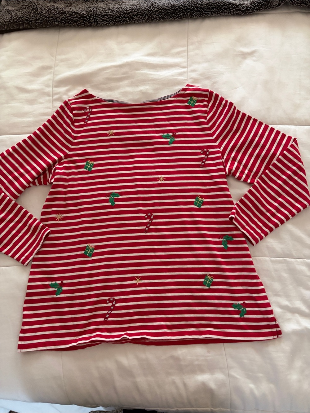 Talbots Red and White Striped Cotton Top with Christmas Embellishments Size 1X